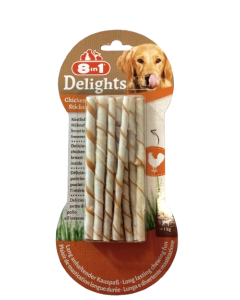 Paquet de bâtonnets de poulet torsadés 8-en-1 Delights pour chiens 55 g.