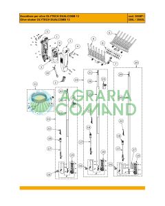 Vue éclatée des pièces de rechange d'origine pour le secoueur d'olives Volpi Olytech Dualcomb, 13 modèles : 355SP, 355L et 355XL