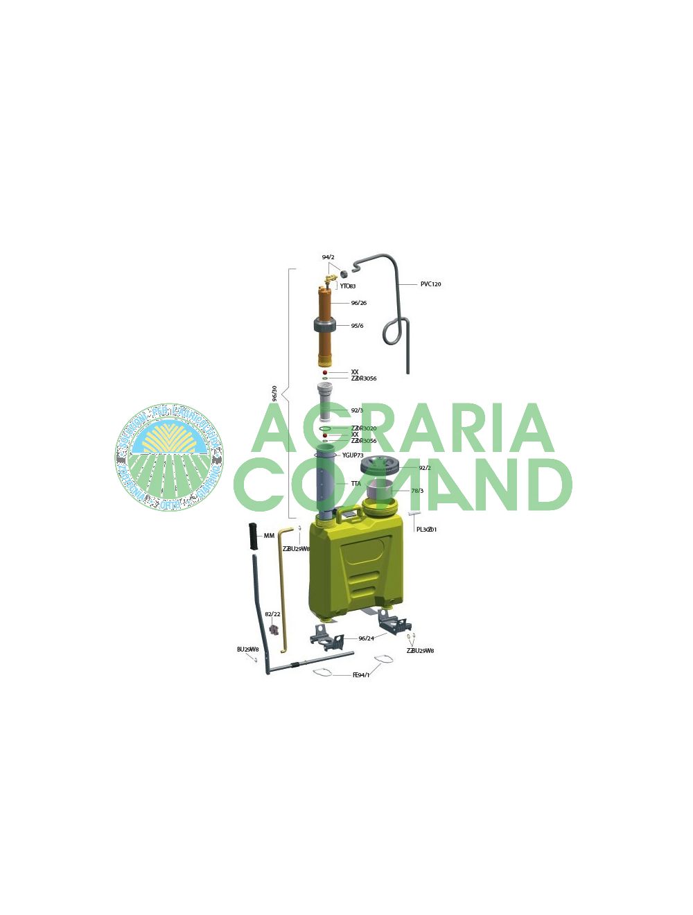 Vue éclatée pompe volpi 12 15 litres pompage laiton