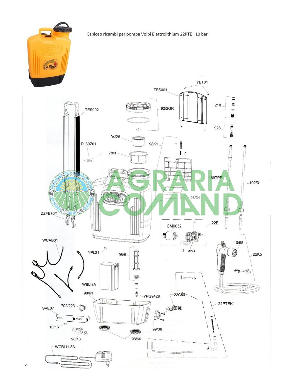 Pièces détachées pour pompe Volpi Elettrolithium 10 bar