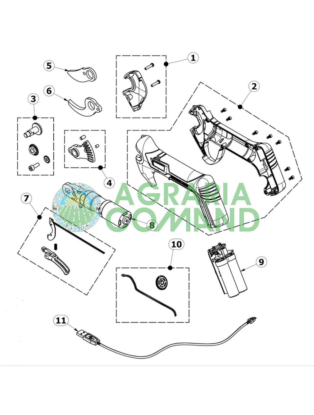 Vue éclatée des pièces détachées des ciseaux Volpi KV220-PV220