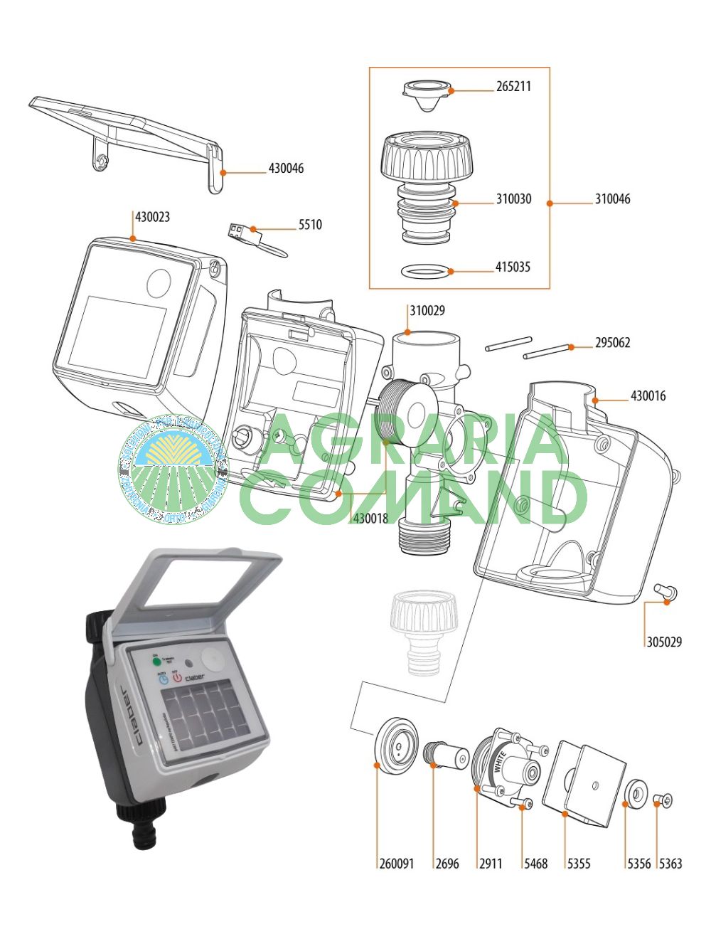Vue éclatée pièces détachées programmateur 8497 Claber
