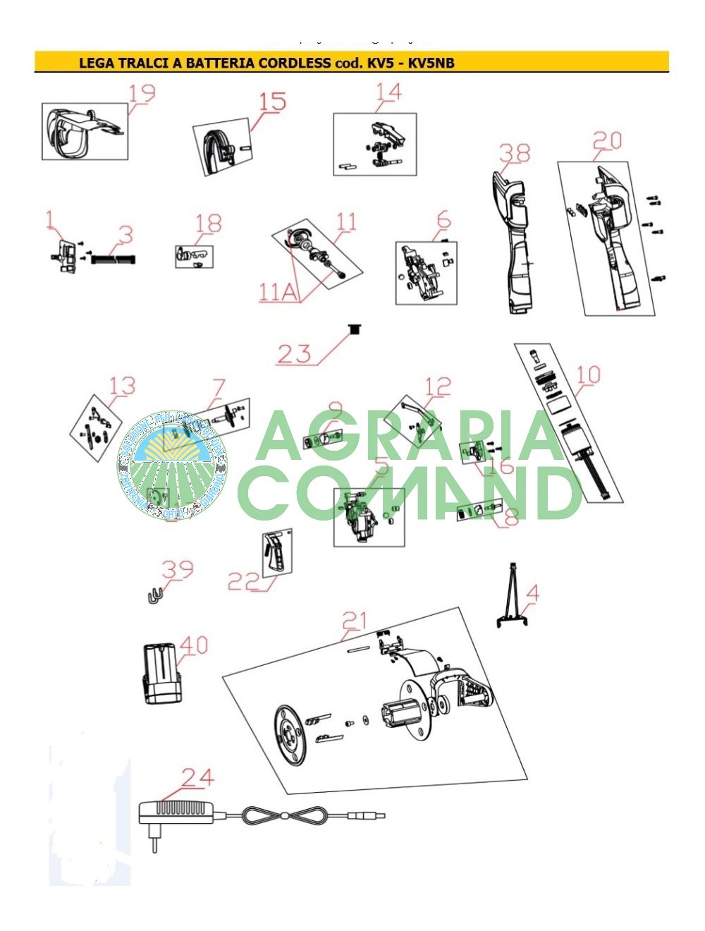 Vue éclatée des pièces détachées du noueur Volpi KV5
