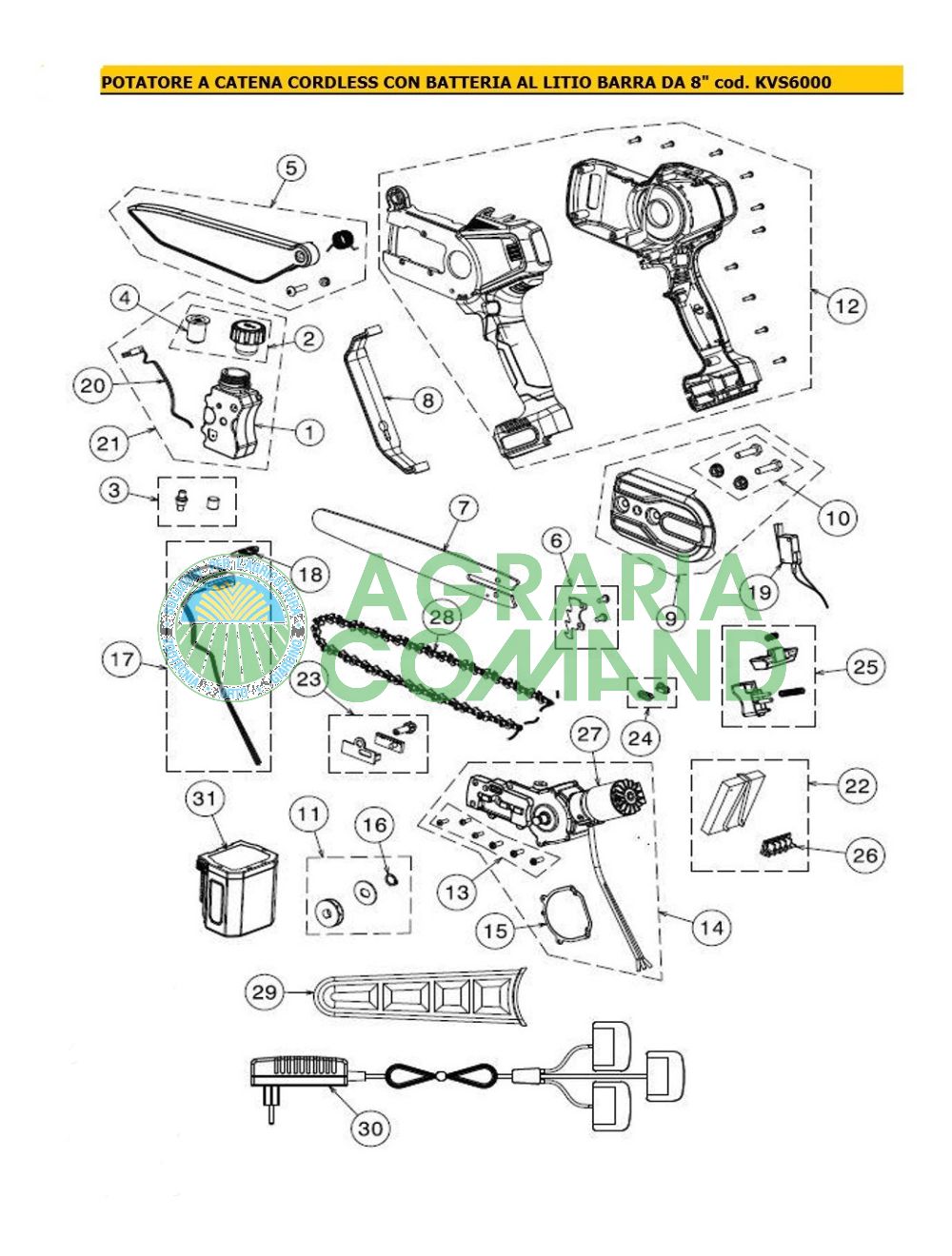 Vue éclatée des pièces détachées de l'élagueuse KVS6000