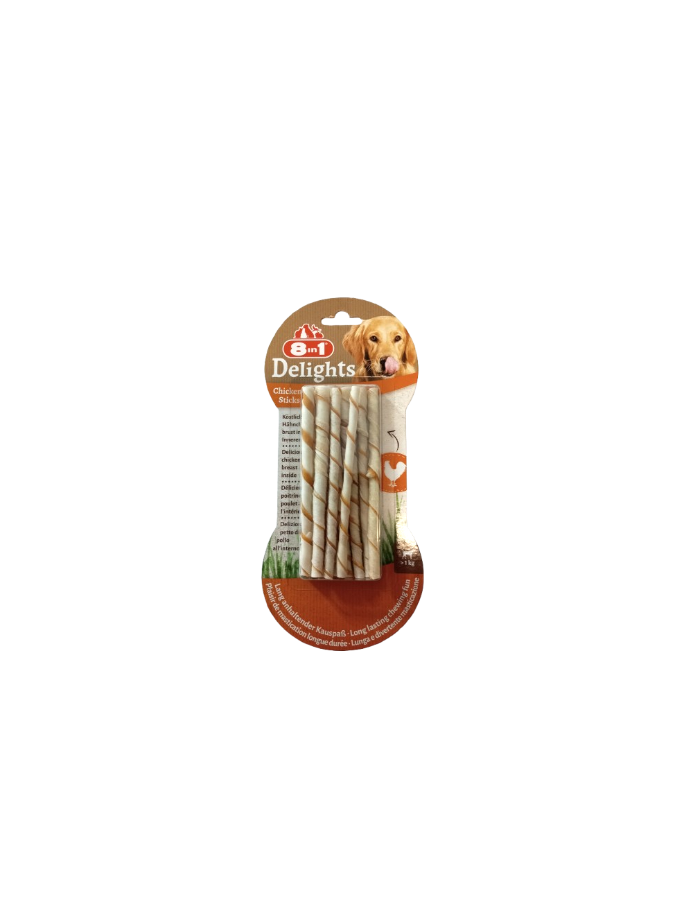 Paquet de bâtonnets de poulet torsadés 8-en-1 Delights pour chiens 55 g. Paquet de bâtonnets de poulet torsadés 8-en-1 Delights pour chiens 55 g.